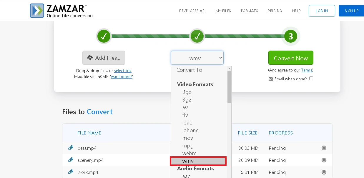 select wmv format