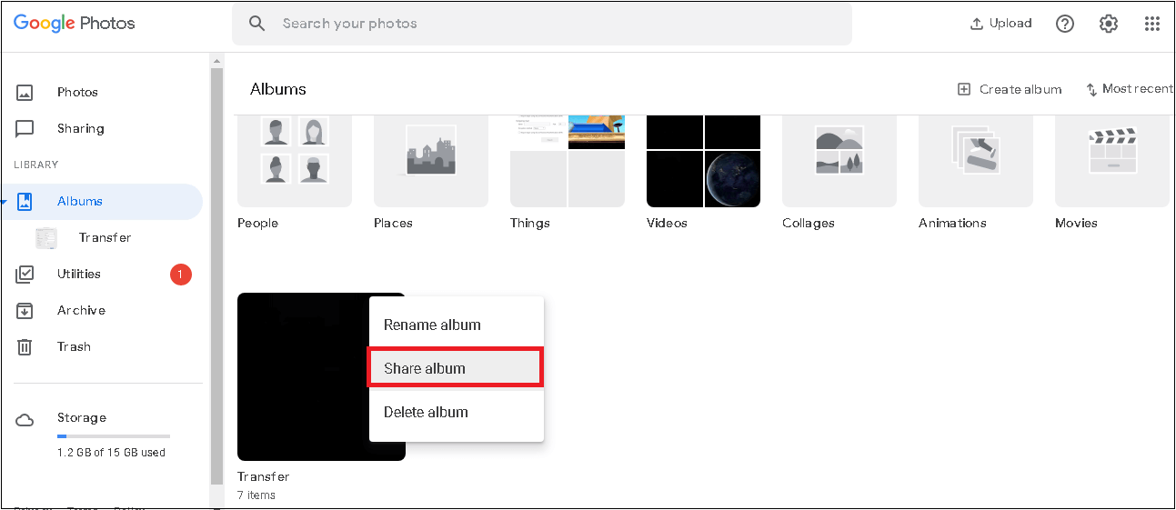 select the album from the right panel, click the three dots, and select Share album from the drop-down list.