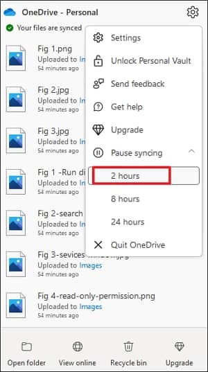Click on the Pause syncing option and select 2 hours 