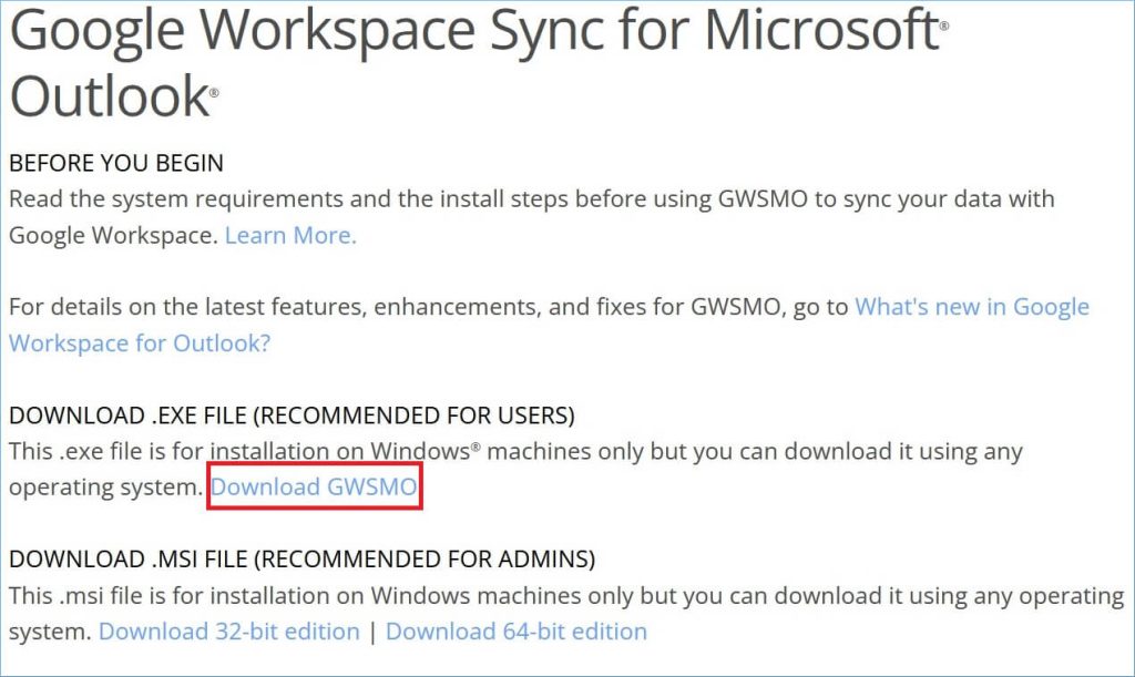 Enable G Suite sync for Microsoft Outlook