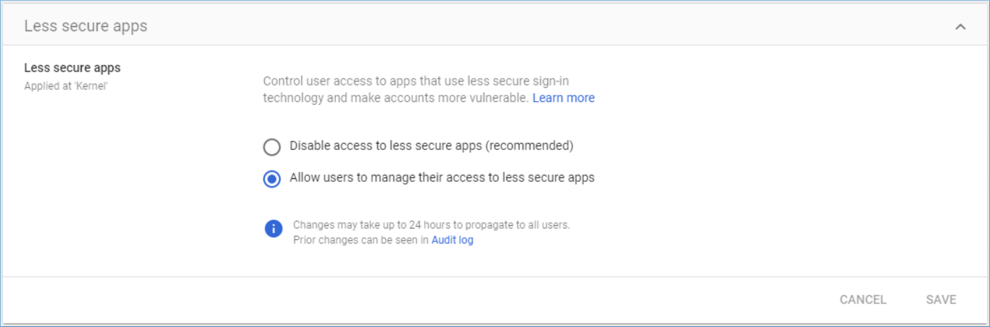 Allow users to manage their access to less secure apps