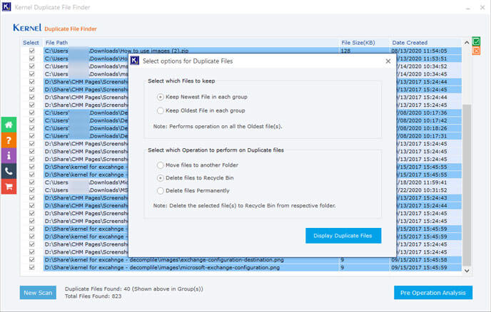Choose an option to keep the newest or oldest files in each group