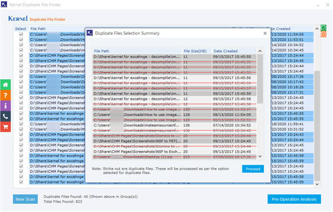 This screen displays red highlighted and crossed duplicate files