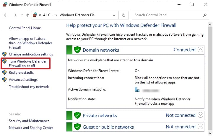 Go to the Windows Defender Firewall option from the Control Panel of your system and click on Turn Windows Firewall on or off from the left panel