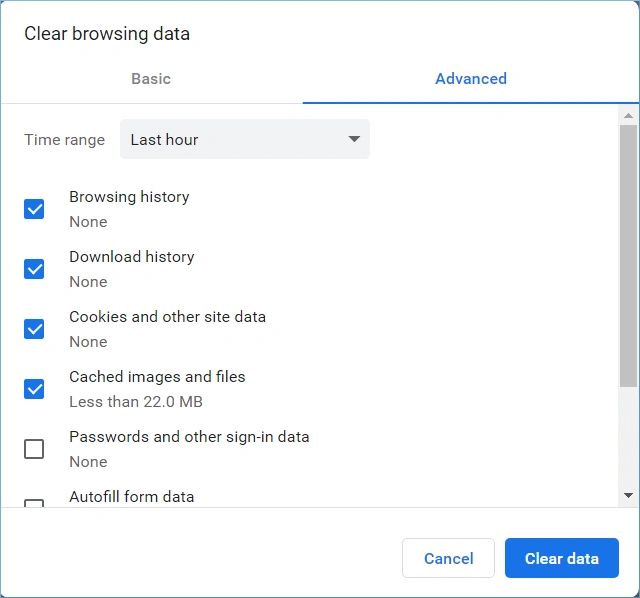 click clear data