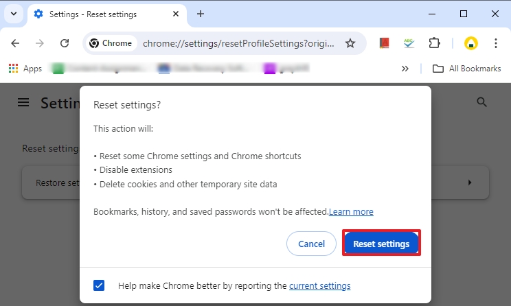 Click on the Reset setting