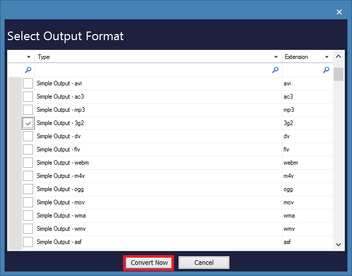 checkbox to select 3G2 format to convert