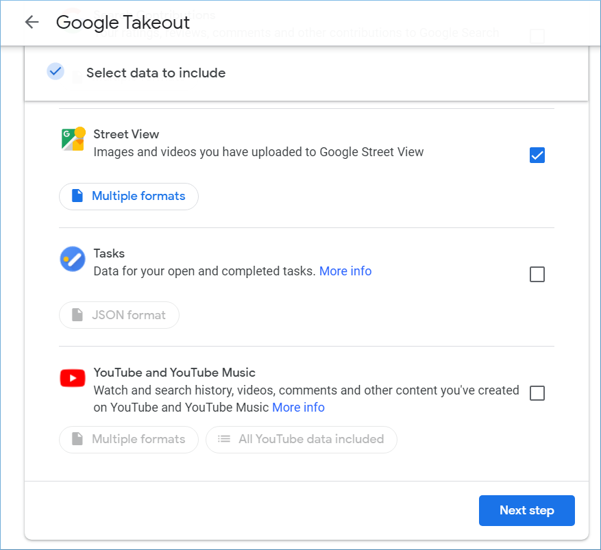 select Google applications by checking the box