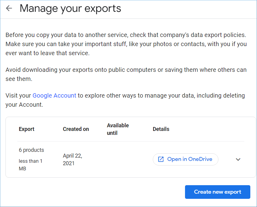 Click on create new export