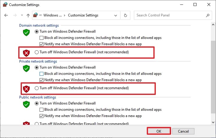click on Turn off Windows Defender Firewall in the several network settings as shown below and click OK