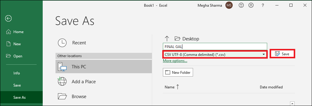 Save file in csv format