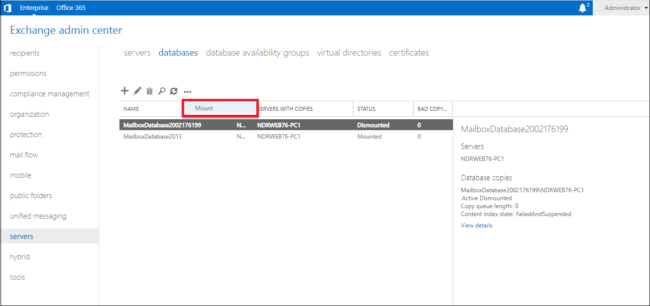 In the Exchange admin center go to servers then databases