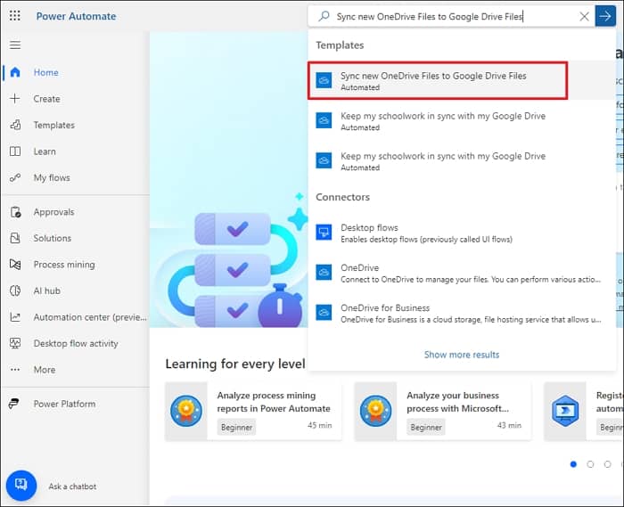 search Sync new OneDrive Files to Google Drive Files and select the template