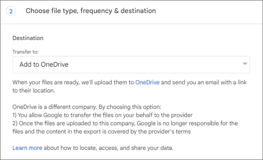 In the Destination choose Add to OneDrive