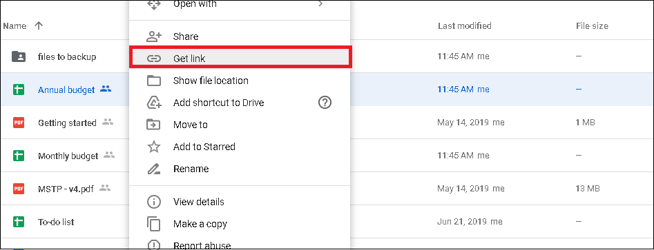 Select Get Link option