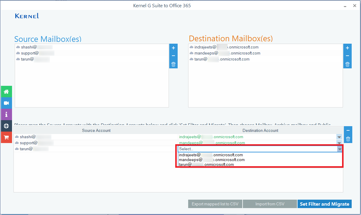 Map the source and destination accounts