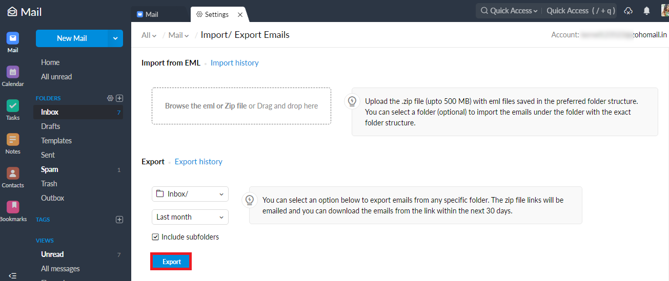 export of the Zoho Mail emails