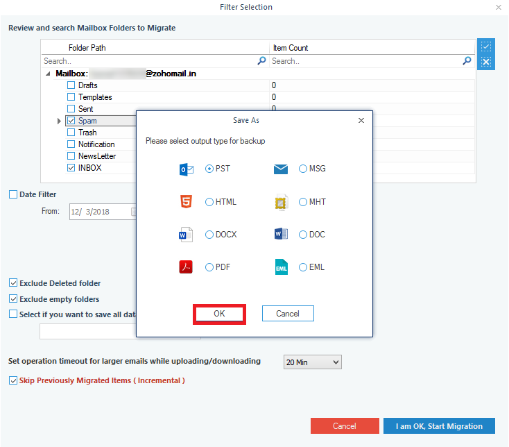 Select PST file as the output type