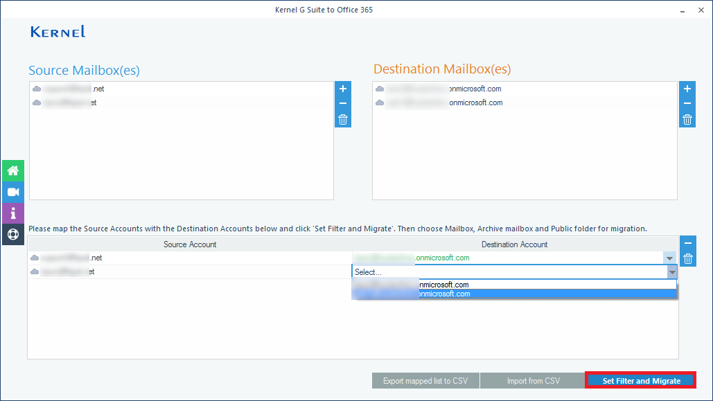 map the source mailboxes with chosen destination mailboxes
