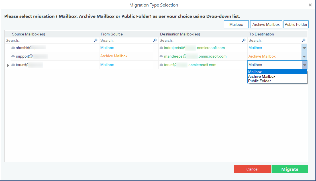 Migration Type Selection window