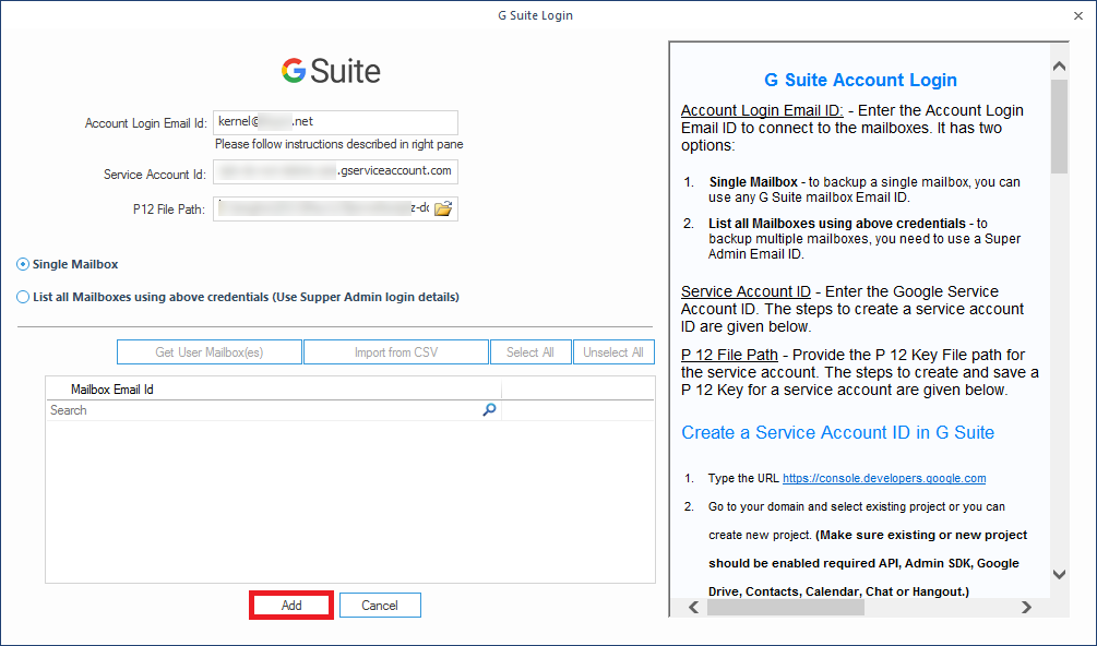 Provide G Suite login details