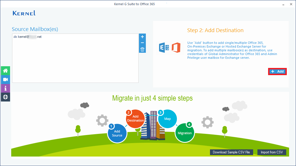 add the destination Office 365 account