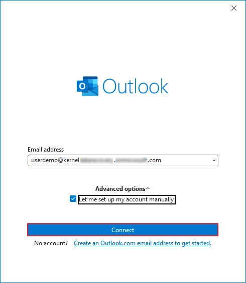 Enter email address and select let me set up your account manually option and click connect