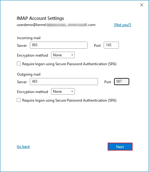 Enter roundcube imap server details and click next