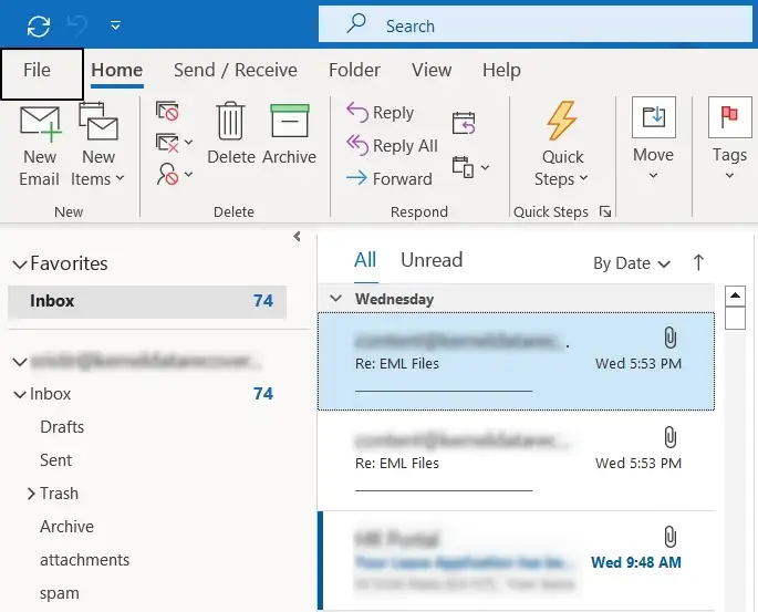 Open outlook the select the emails to convert to pdf and click on file