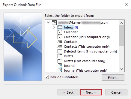Select your roundcube mailbox and click next