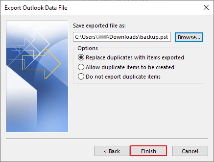 Select a saving location and click finish to backup