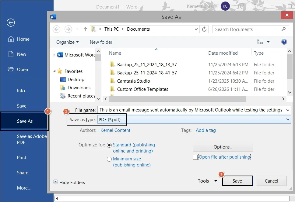 click on the Save As button then select PDF as Save as type then click Save