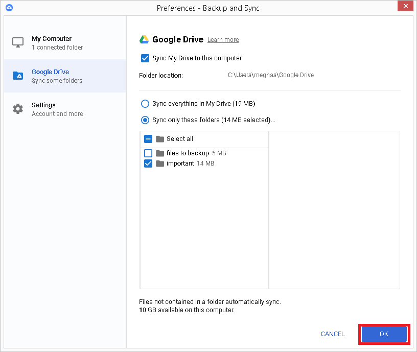 Select the checkbox against the added folder and click OK