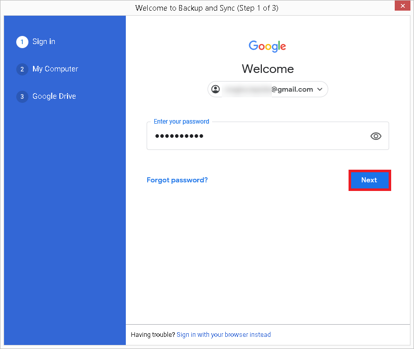Enter the password for the Google account and click Next