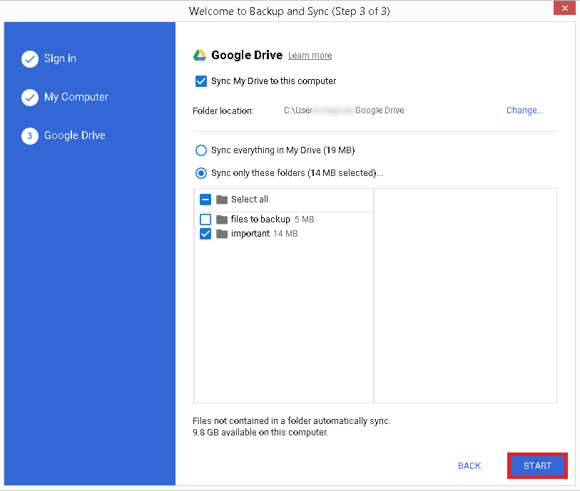 The next page displays information about the file synchronization of Google Drive folders to the system