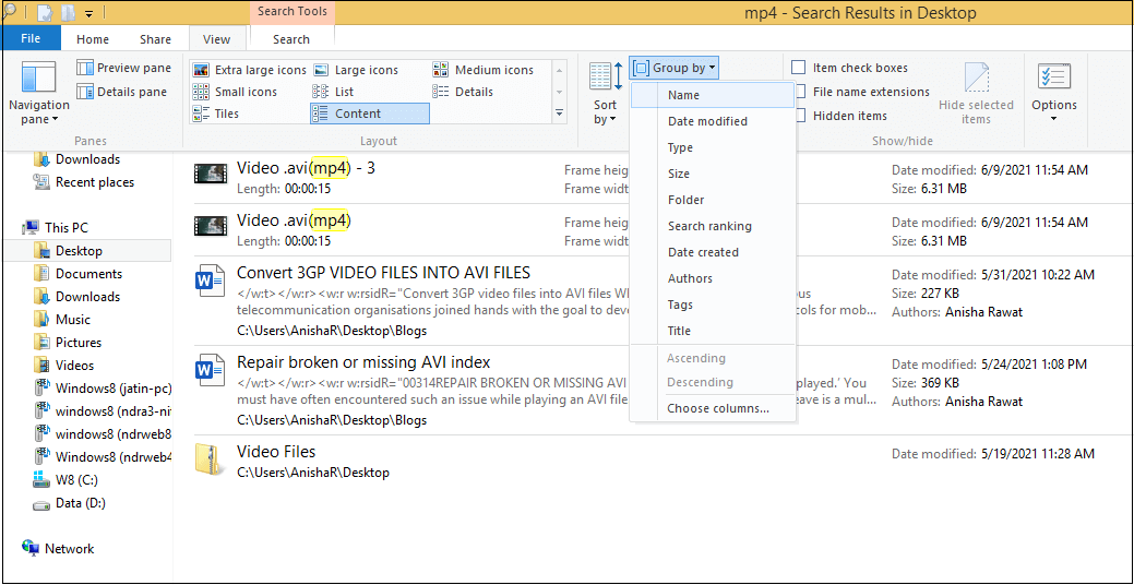 Click on the View option select Group by and choose how you want to arrange the files