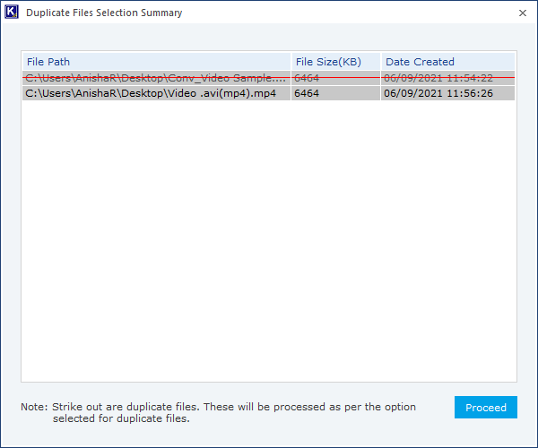 A list of duplicate files along with the action chosen will be displayed