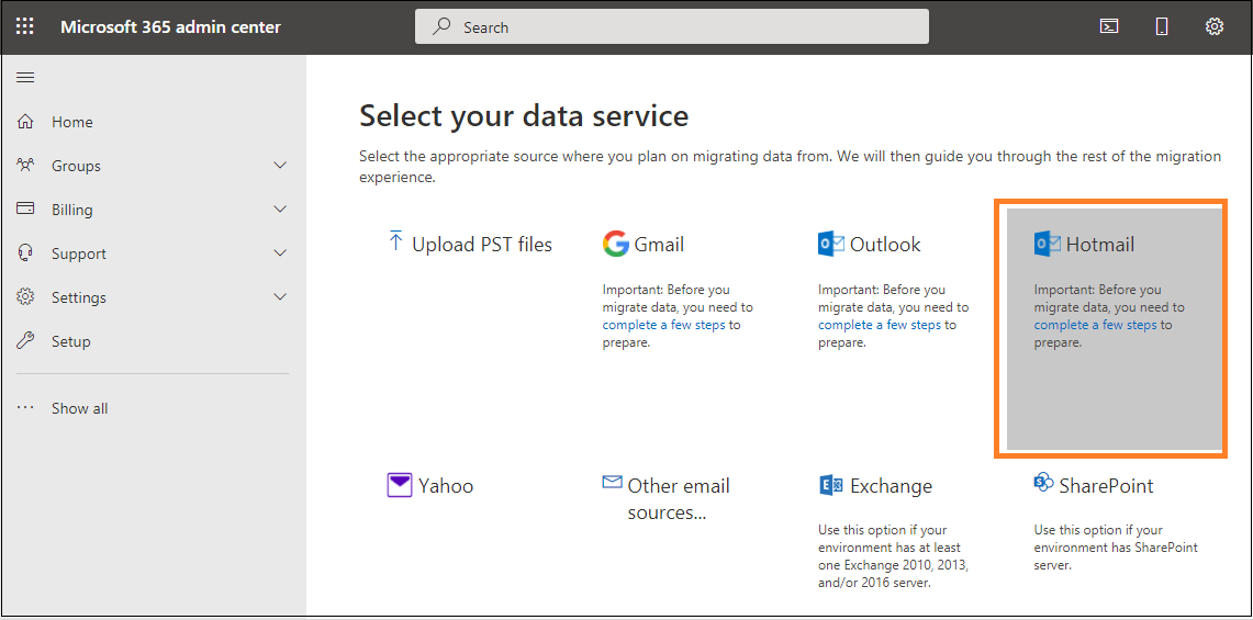 Select the data service Hotmail/Outlook.com