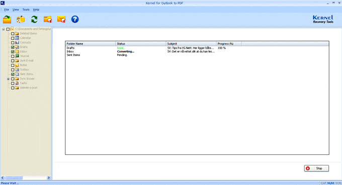 start conversion of selected PST folders to PDF