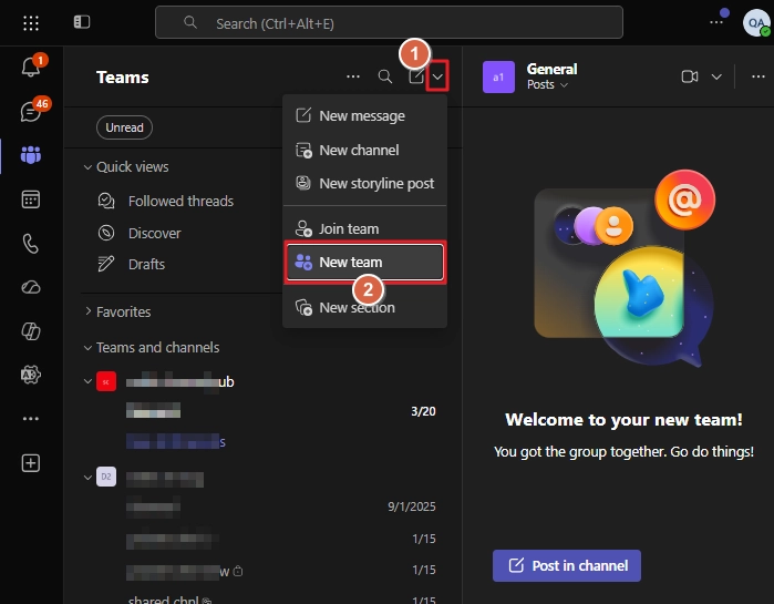 click on the new team option