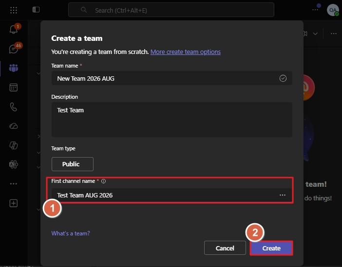 click to create team