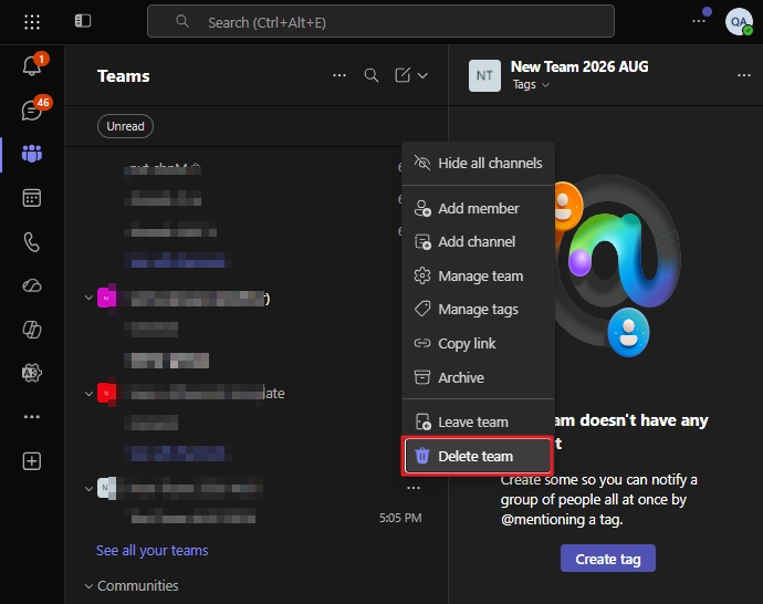delete team option