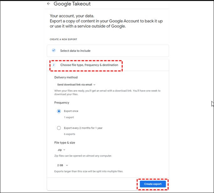 Select the type of file frequency and destination based on your needs and click the Create Export