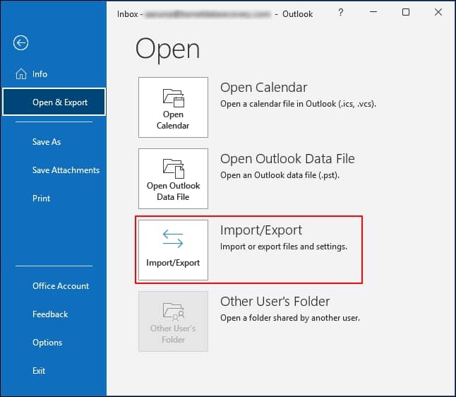 Click on Import/Export under Open and Export section