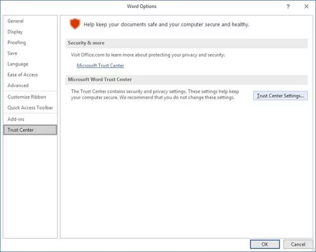 trust center settings
