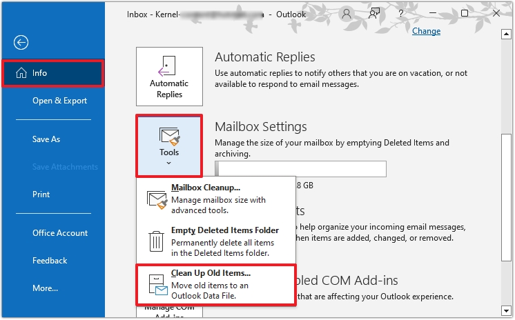 click on Mailbox Settings and choose Clean up old items