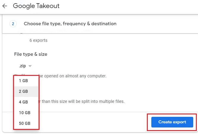 select the file size and click on create export