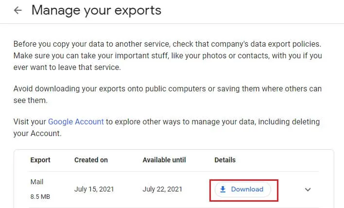 select download and manage your exports section