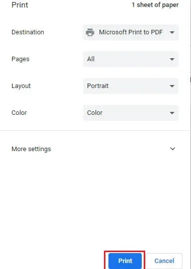 select all settings and click on print