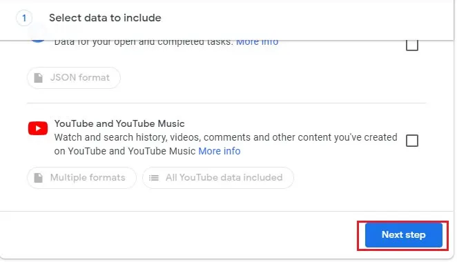 select data to include and click on next step
